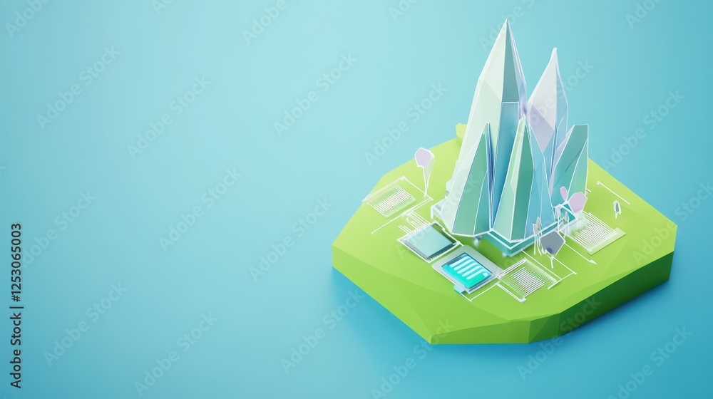 Poster isometric 3d low poly style depiction of stylized mountains on a green base with simple features and