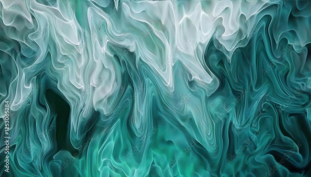 Poster ethereal fluid motion in teal and white, abstract digital art with swirling texture, perfect for mod