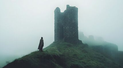 An ancient stone tower on a hill, shrouded in mist. A figure in a tattered cloak stands at the top, staring out over the horizon, as if waiting for something.