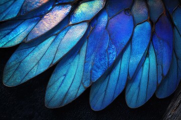 Obraz premium Close-up of iridescent blue insect wings, showcasing intricate venation and vibrant color.