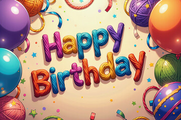 A birthday with colorful balloons, confetti, and a Happy Birthday text.