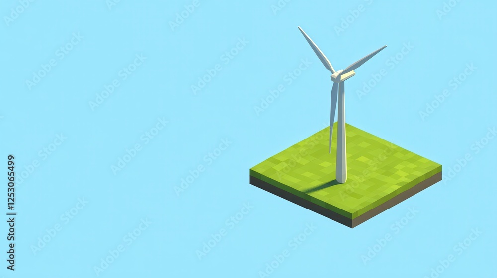Poster isometric 3d low poly style depiction of a wind turbine on a grass platform with a clear sky backgro