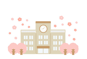 学校の校舎と桜の木　イラスト