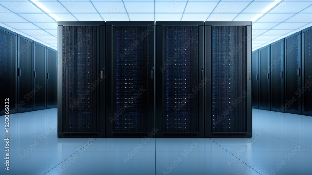Poster a modern data center showcasing sleek server racks illuminated by cool blue lighting, representing t