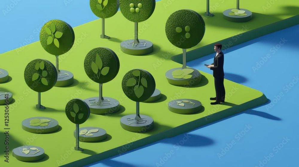 Poster isometric 3d low poly style depiction of stylized trees and man in green environment with unique sha