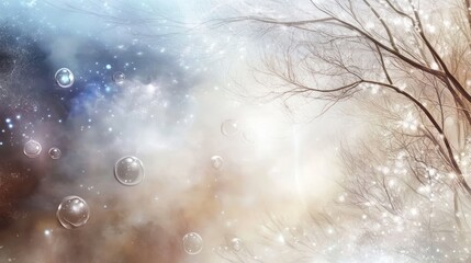 Dreamy Winter Scene with Glowing Bubbles and Starry Sky