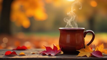 Warm autumn beverage in rustic mug on wooden surface with colorful fallen leaves and blurred background