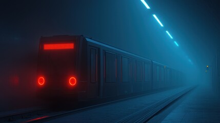Naklejka premium A mysterious subway train emerges from a foggy tunnel, illuminated by eerie blue lights