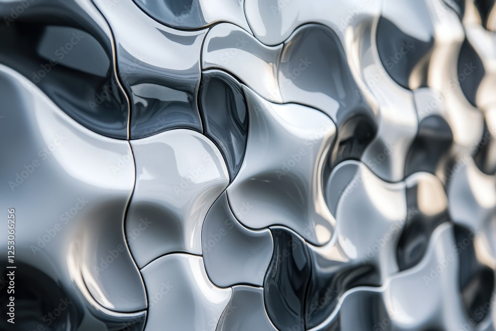 Poster abstract close-up of a metallic surface with flowing, interconnected shapes in grayscale.