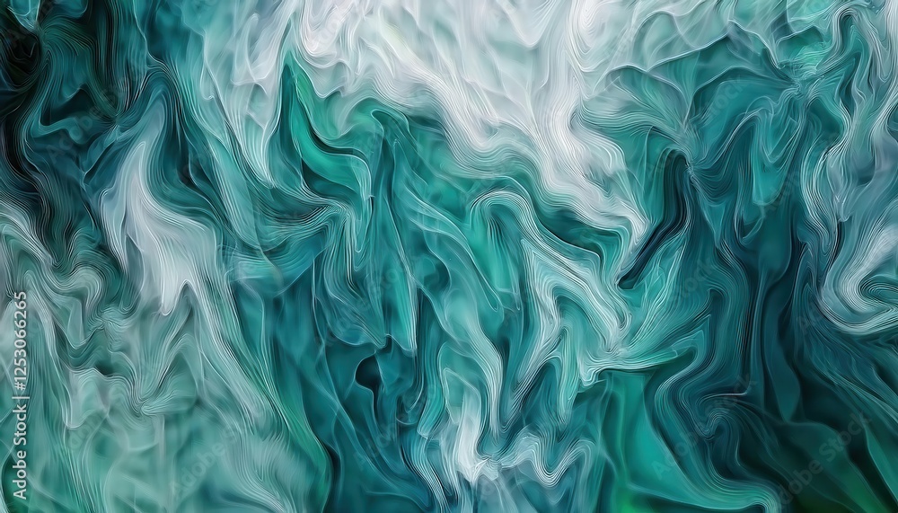 Poster ethereal fluid motion in teal and white, abstract digital art with swirling texture, perfect for mod