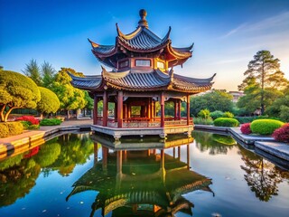 Naklejka premium Majestic Wenchang Pavilion, Yangzhou: Scenic Panoramic View of Ancient Chinese Pagoda & Gardens