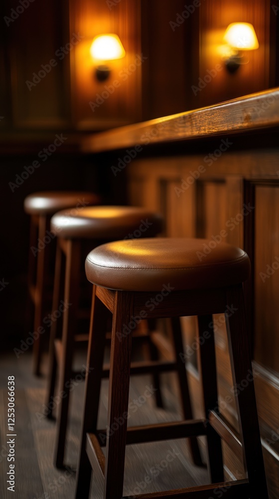 Poster a serene bar setting featuring wooden stools and soft lighting, creating a cozy atmosphere for gathe
