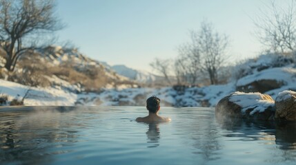 A peaceful moment of a person submerged in an outdoor hot spring, surrounded by snow-covered rocks under a clear winter sky