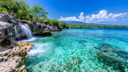Tropical waterfall cascades into turquoise ocean, lush greenery background