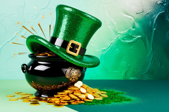 Glitter green st. patrick`s day celebration hat with cauldron filled with gold coins