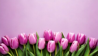 Fototapeta premium Pink tulips against a light lilac surface with space for your text