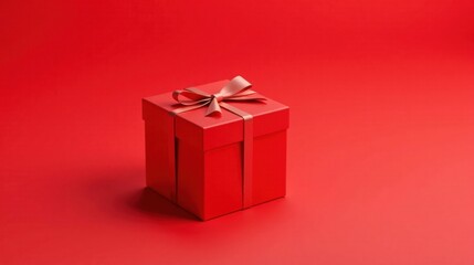 Obraz premium A single red gift box with a light red ribbon, elegantly presented on a matching red background, perfect for celebratory occasions