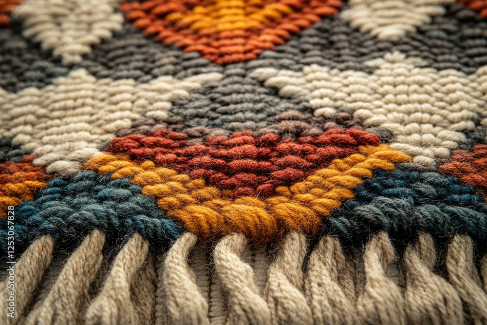 Poster close-up of a vibrant, hand-woven tapestry with geometric patterns and textured fringe.