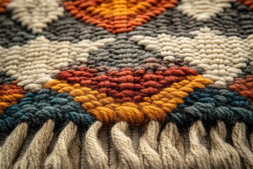 Close-up of a vibrant, hand-woven tapestry with geometric patterns and textured fringe.