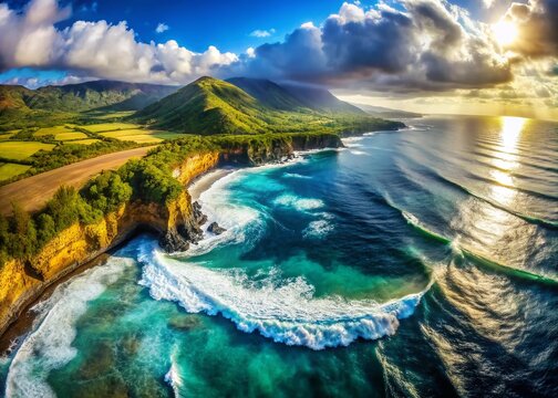 Maui Honokohau Bay Aerial Double Exposure: Pacific Ocean Waves Crashing on Lipoa Ridge Coastline
