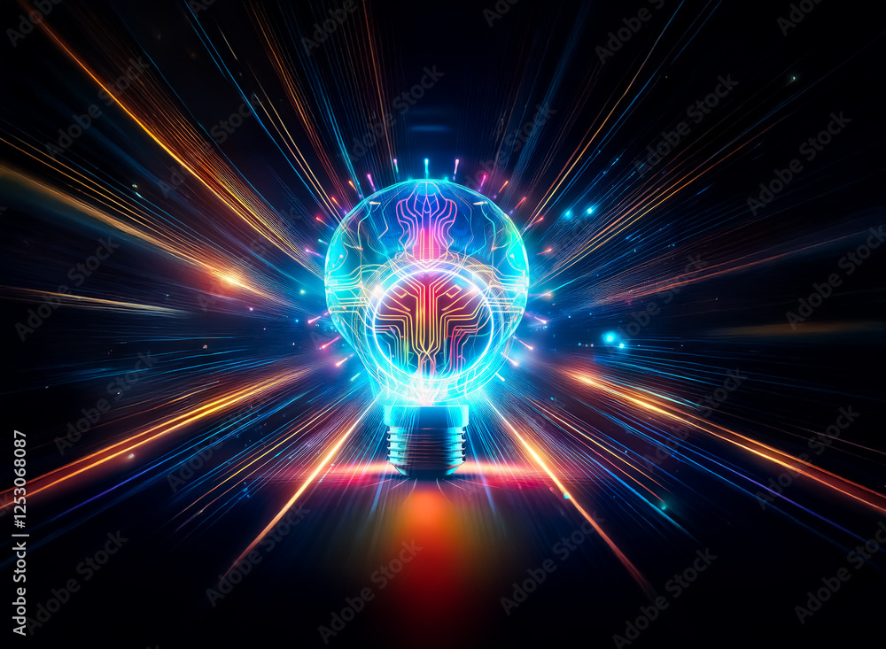 Leinwandbilder glowing light bulb with vibrant circuit patterns illuminates against a dark backdrop. a digital repr