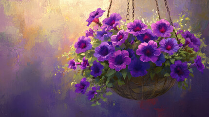 Vibrant Purple Petunias in Hanging Basket Elevate Garden Decor During Sunny Afternoon
