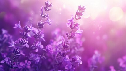 Obraz premium Lavender Blossoms Illuminated by Sunlight Create a Serene and Enchanting Atmosphere in a Garden at Dawn