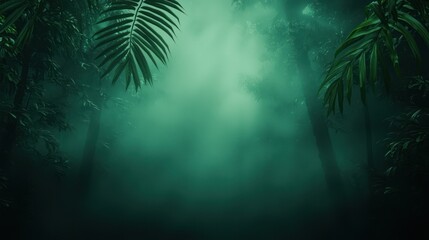 A serene view of a dense tropical forest shrouded in mist, featuring lush green foliage and atmospheric light. This stunning image captures the essence of nature's tranquility.