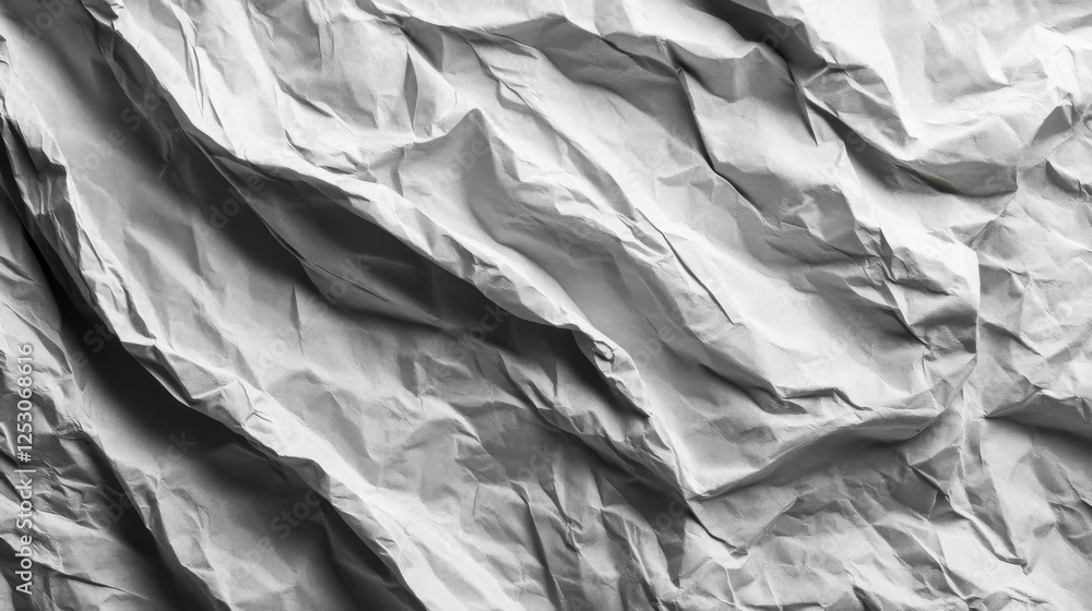 Poster crumpled white paper texture creating a dynamic pattern of folds and shadows in a minimalist style