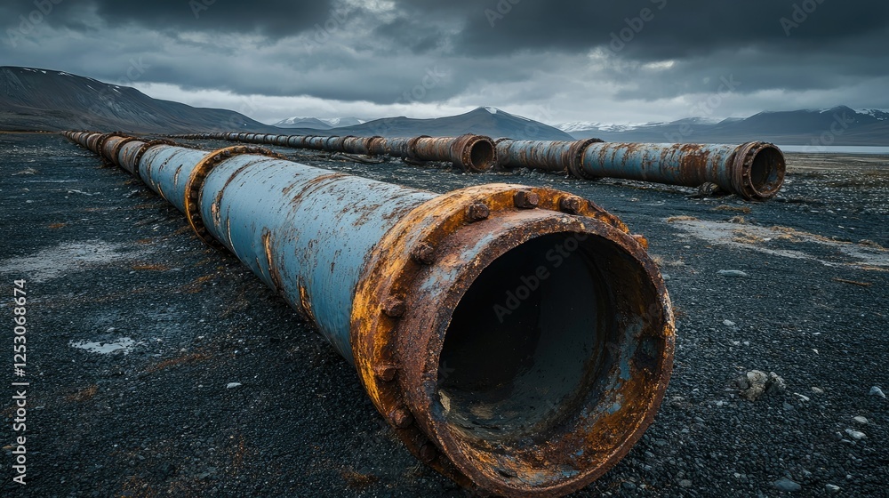 Poster a row of pipes with heavy rust damage lying on the ground in a desolate area