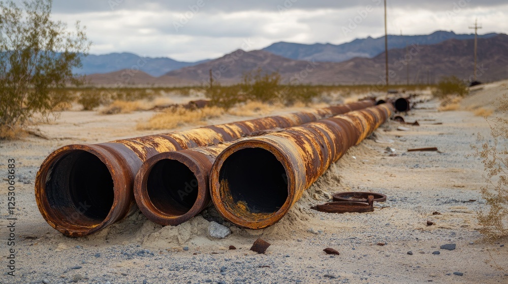 Poster a row of pipes with heavy rust damage lying on the ground in a desolate area