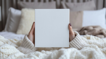 Delicate female hands gently hold a pristine white magazine in a cozy, warm atmosphere. The soft textures of the blanket and neutral colors create an inviting space for creative ideas