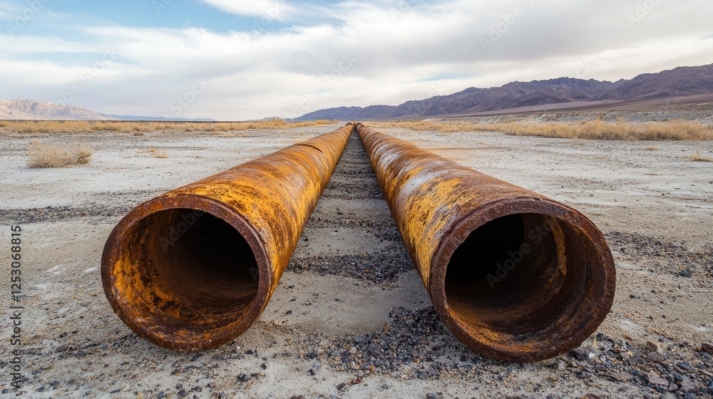 Poster a row of pipes with heavy rust damage lying on the ground in a desolate area