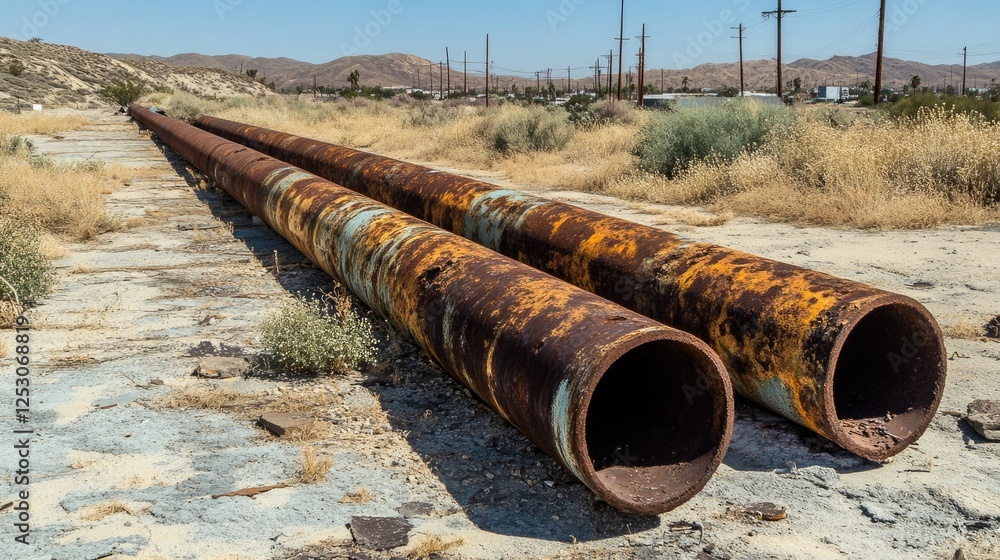 Poster a row of pipes with heavy rust damage lying on the ground in a desolate area