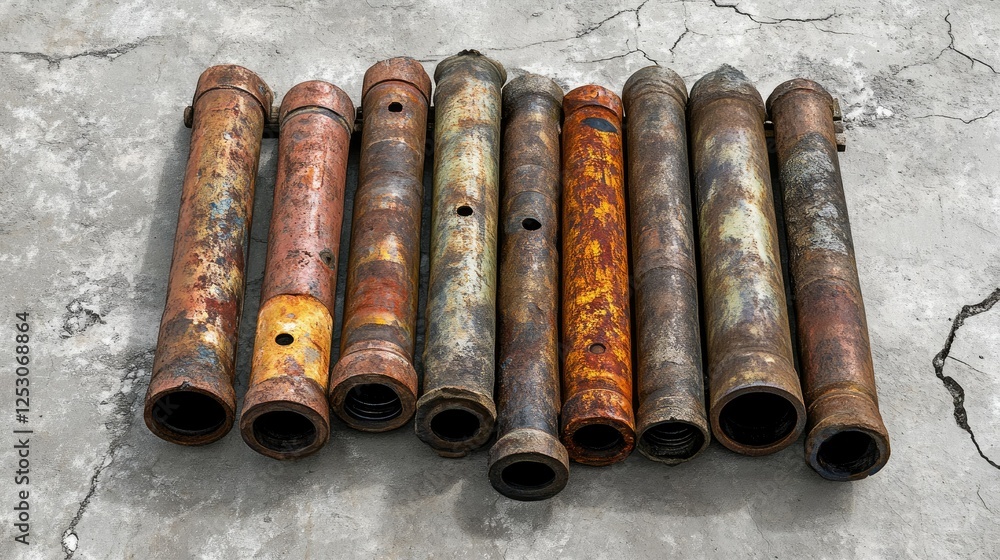 Poster a row of weathered pipes with varying levels of rust, placed on a cracked concrete floor