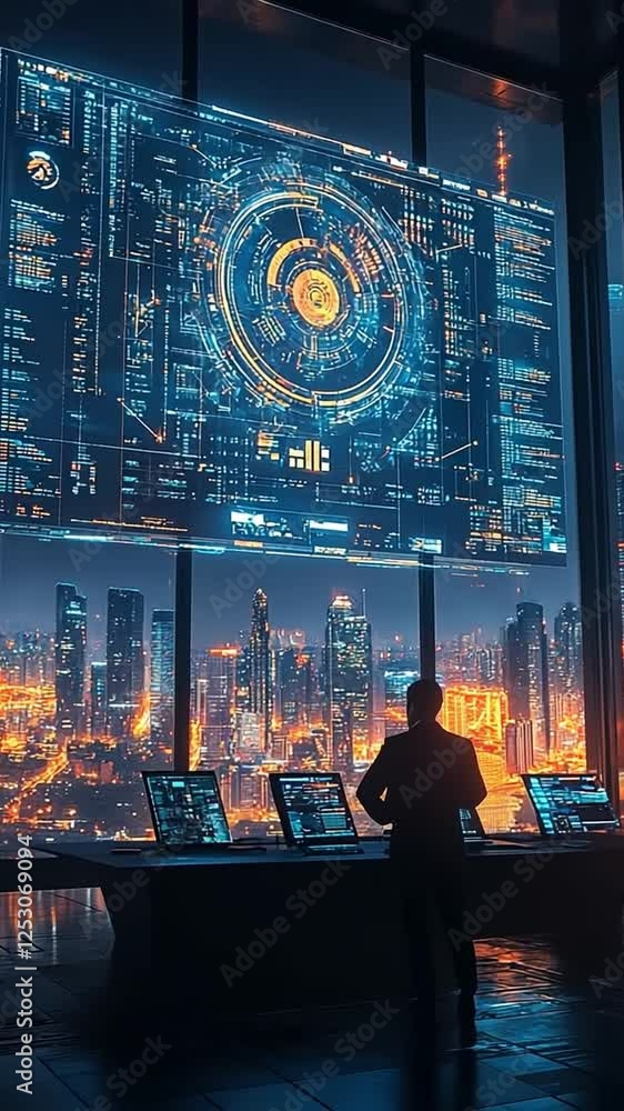 Poster futuristic control room with digital display showcasing urban data visualization of modern city skyl