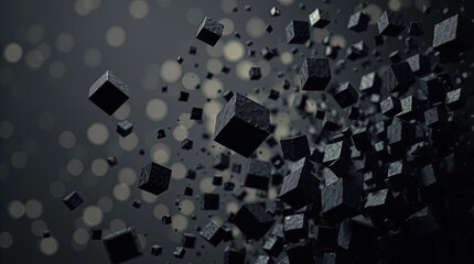 Abstract 3D rendering of chaotic particles. Flying cubes in empty space, design for poster, banner, sign, Futuristic background with bokeh,	
