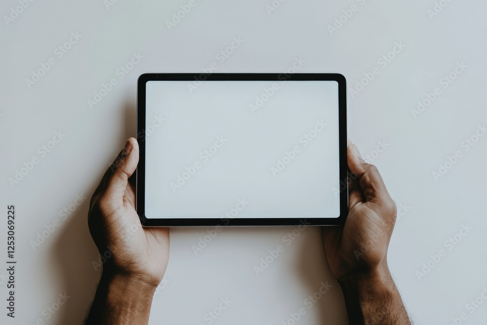 Aufkleber person holding a tablet with a blank screen, showcasing its design and functionality.