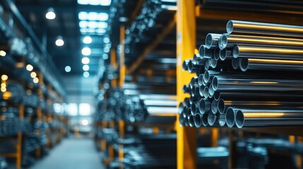 Naklejka premium A selective focus image of steel rods stacked on a warehouse shelf, illuminated by overhead lights