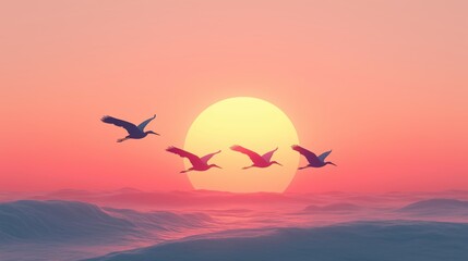 Obraz premium Minimalist photography, three herons fly from behind in front of a sunset, realistic colors , 8k
