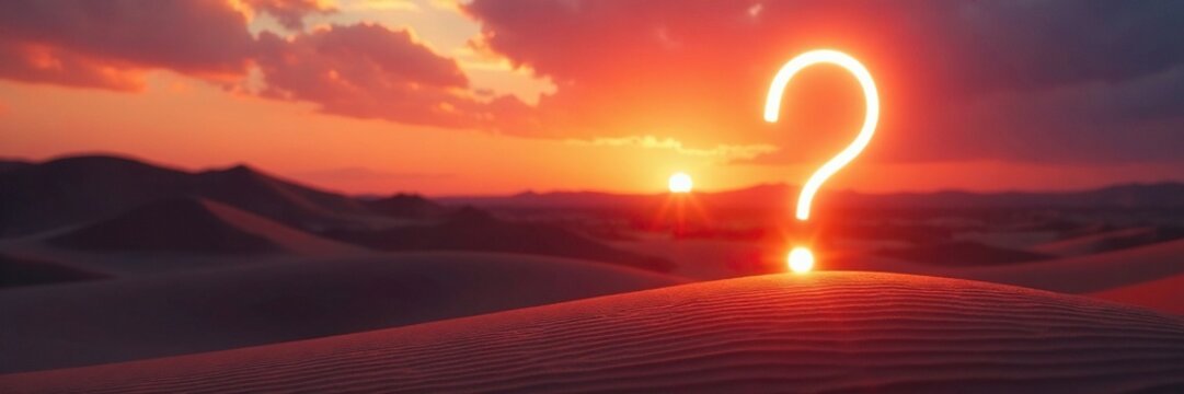 A glowing question mark in the heart of a desert at sunset, dreamlike, sunset - Powered by Adobe