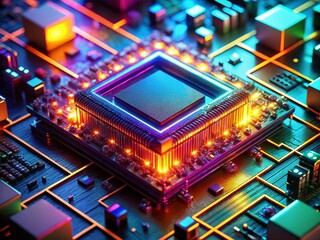 Fototapeta premium Microscopic Drone Shot: Glowing Silicon Chip Close-Up - High-Tech Semiconductor Detail