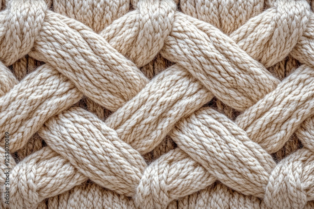 Aufkleber beige knitted fabric with a complex interwoven pattern, showcasing texture and craftsmanship.