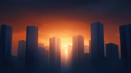 Obraz premium A stunning silhouette of skyscrapers against a vibrant sunset, showcasing an urban landscape. The interplay of light and shadow creates a dramatic ambiance in the city skyline.
