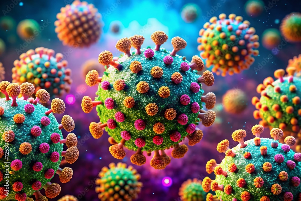 Poster microscopic view of mpox virus particles: detailed 3d render of viral structure and morphology