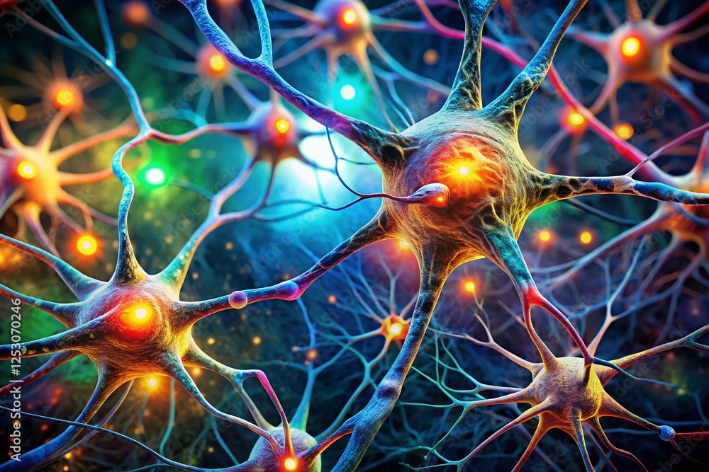 Poster microscopic view of neuron signal transmission in the brain: high-definition synaptic connections an