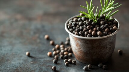 A simple and elegant arrangement of black peppercorns in a metal cup, with fresh rosemary adding a pop of green