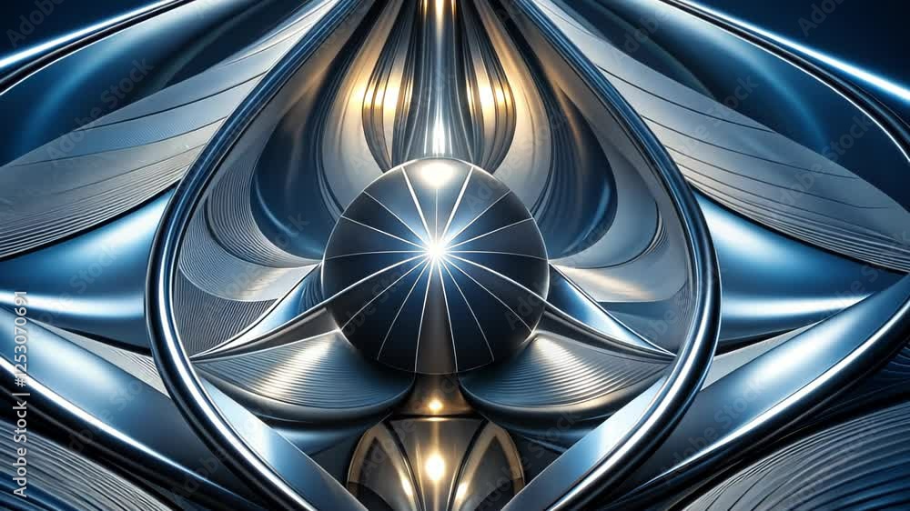 Poster exploring mesmerizing patterns and reflections in a futuristic metallic landscape at twilight. gener