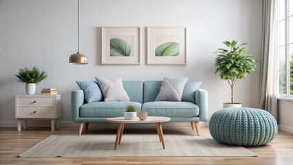 Mid-Century Modern Living Room: Light Blue Sofa, Knit Poof, Art Deco Frame