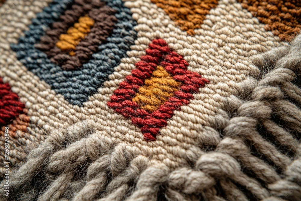 Poster close-up of a handwoven textile with geometric patterns in earthy tones, showcasing intricate detail